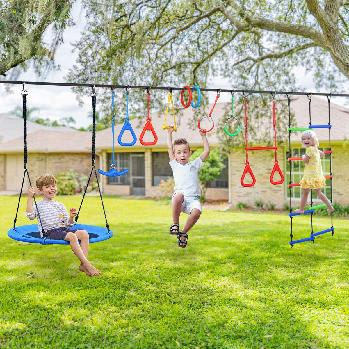 【New Arrival】65FT(20M) Kids Ninja Obstacle Kit with Blue Swing for Bac ...