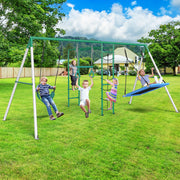 5 In 1 Metal Swing Sets for Backyard with Belt Swing, Platform Swing,Monkey Bar,Climbing Net