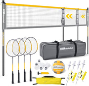 Outdoor Volleyball and Badminton Combo Set with Net Width and Height Adjustable Volleyball Badminton Net for Backyard, 4 Rackets, 4 Shuttlecocks, Boundary, Volleyball, Pump and Carry Bag