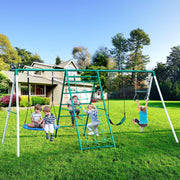 700LBS Metal Swing Sets for Backyard with Saucer Swing, Climbing Ladder, Climbing Net, Hanging Ring - Autojoy