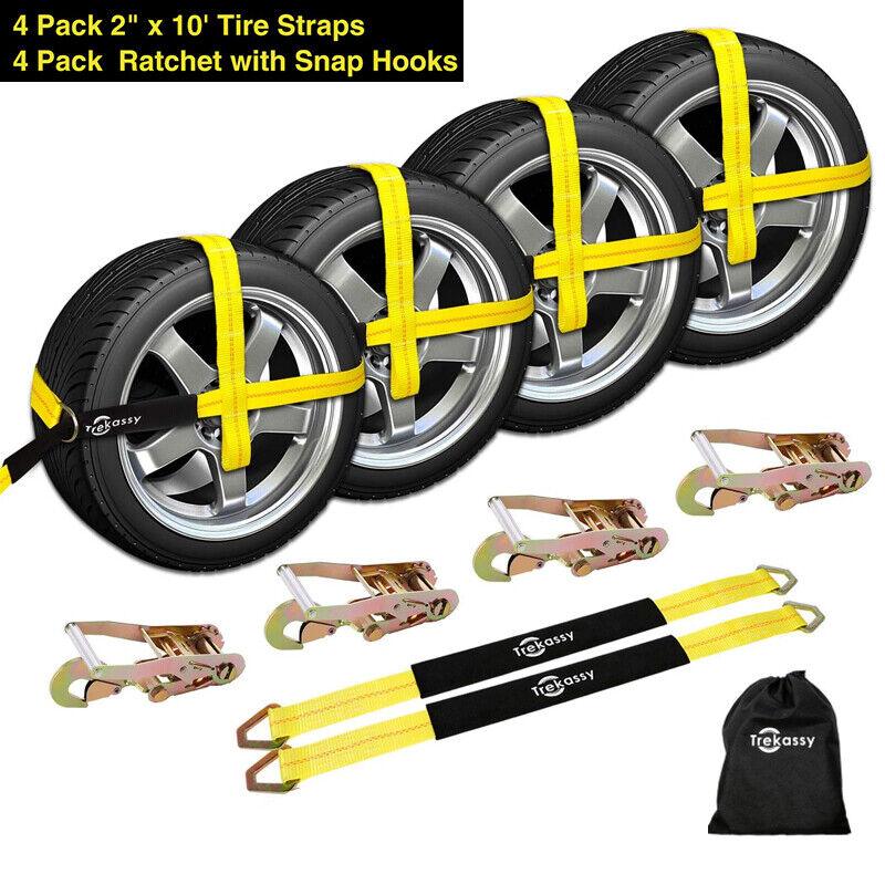 4 Axle Strap Car Wheel Ratchet Tie Down Straps Snap Hooks Heavy